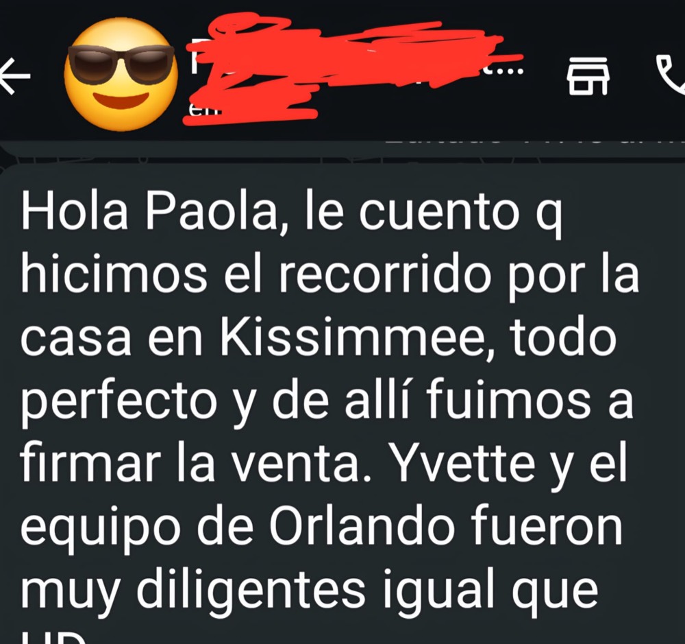 Mensaje de un cliente: recorrido por la casa en Kissimmee y firma de la venta con el equipo de Orlando.